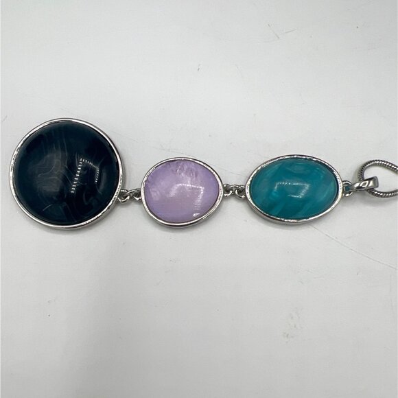 4" Pendant Necklace Teal Lavender Blue Reversible Disc 36" Pull Chain Geometric - Picture 5 of 6